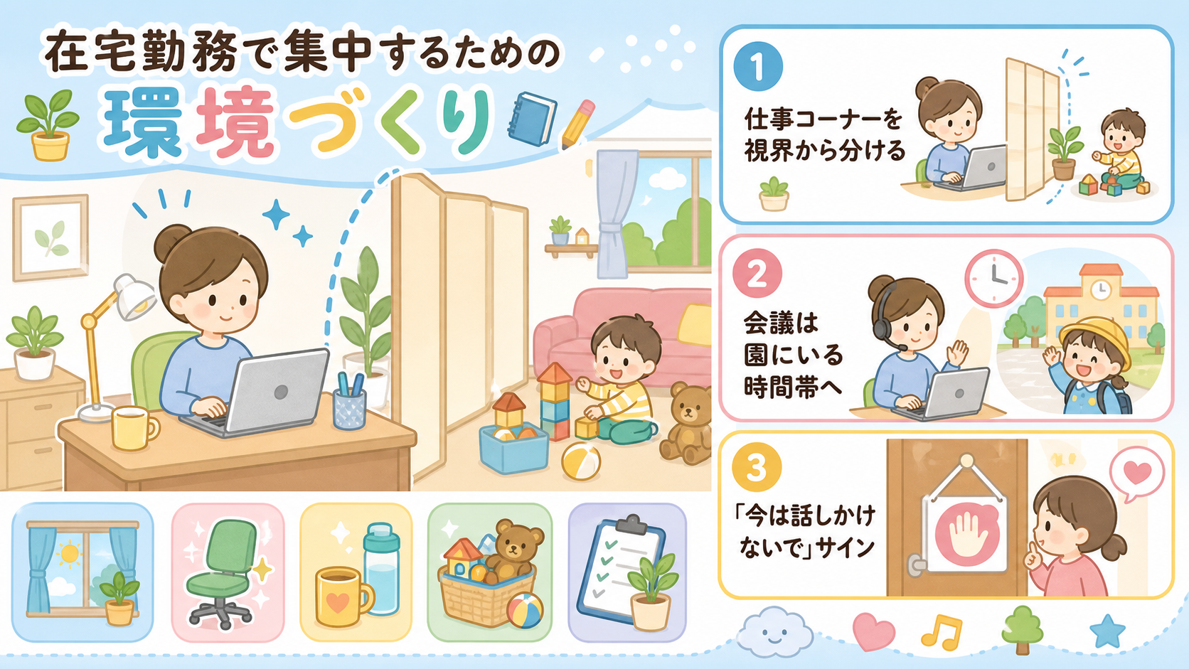 在宅勤務で集中するための環境づくり図解。デスク周りのイラストに「仕事コーナーを視界から分ける」「会議は園にいる時間帯へ」「『今は話しかけないで』サイン」の3つの...