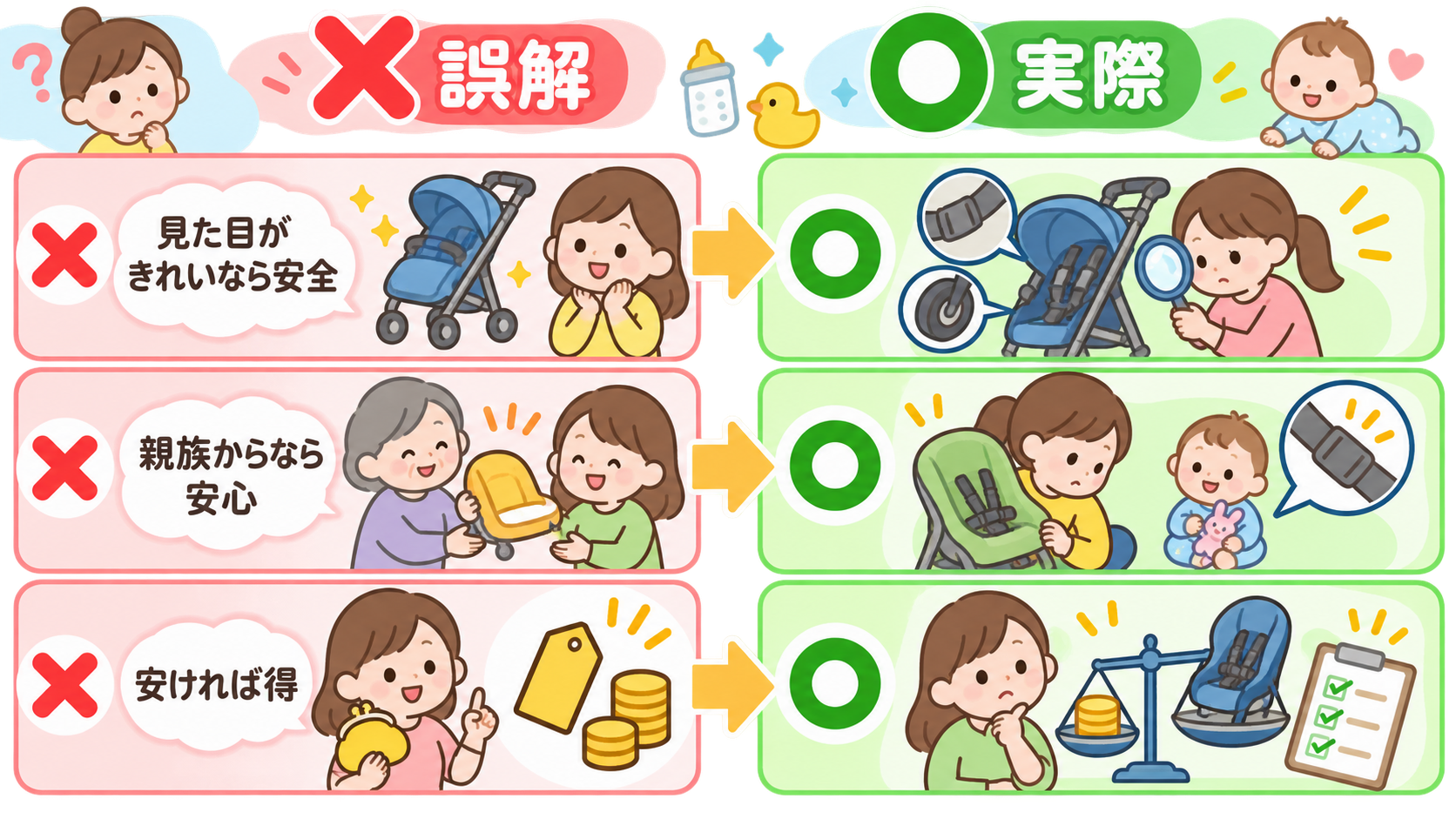 中古ベビー用品のよくある誤解3つを、左に赤い×印の「誤解」カード、右に緑の○印の「実際」カードで対比した2列レイアウト。「見た目がきれいなら安全」「親族からなら...