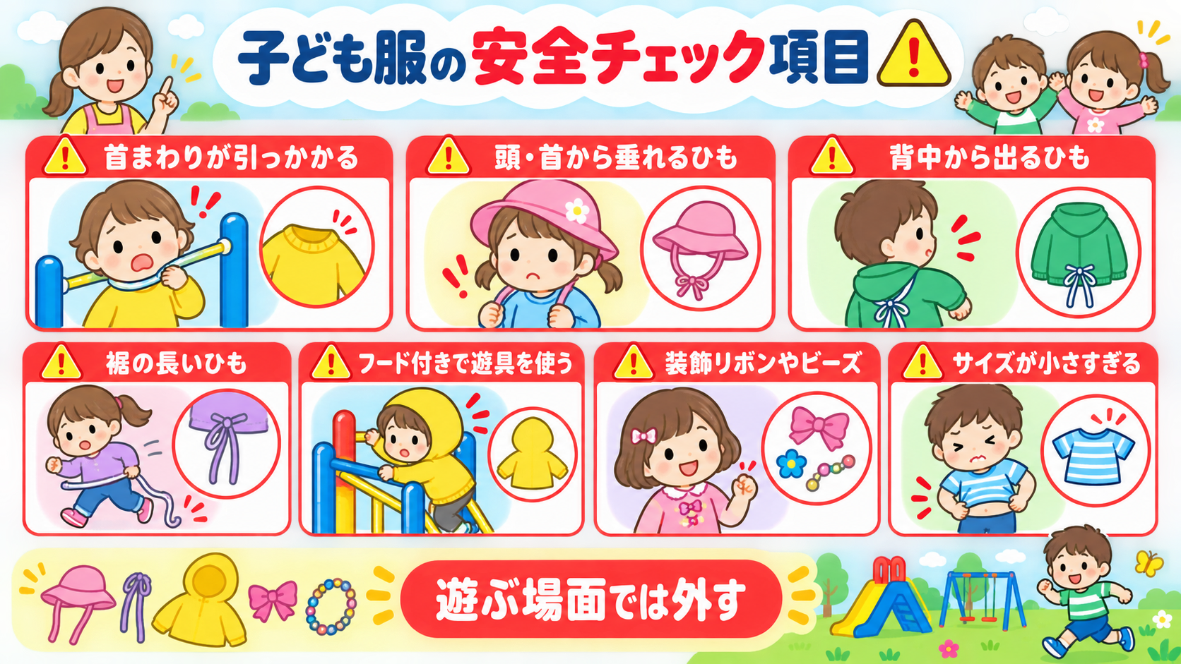 子ども服の安全チェック項目を赤枠で7項目並べた注意喚起の図解。「首まわりが引っかかる」「頭・首から垂れるひも」「背中から出るひも」「裾の長いひも」「フード付きで...