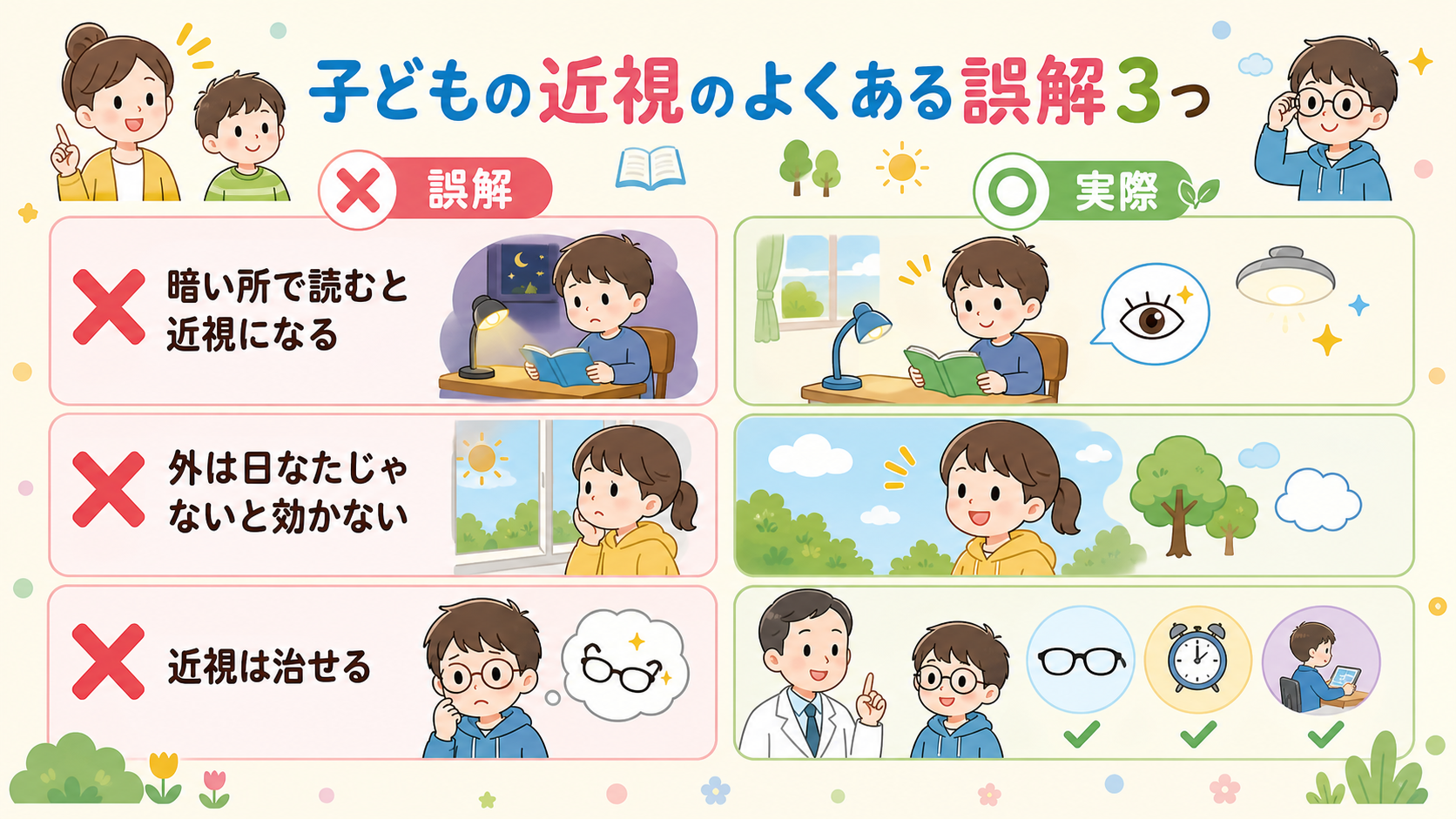 子どもの近視のよくある誤解3つを、左に赤い×印の「誤解」カード、右に緑の○印の「実際」カードで対比した2列レイアウト。「暗い所で読むと近視になる」「外は日なたじ...