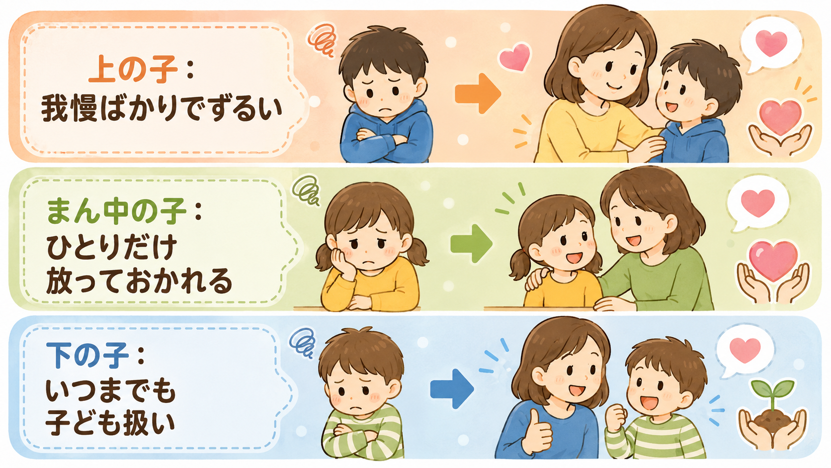 きょうだいの生まれ順ごとに抱えやすい不満とフォローを示す3段の図。上段「上の子：我慢ばかりでずるい」、中段「まん中の子：ひとりだけ放っておかれる」、下段「下の子...