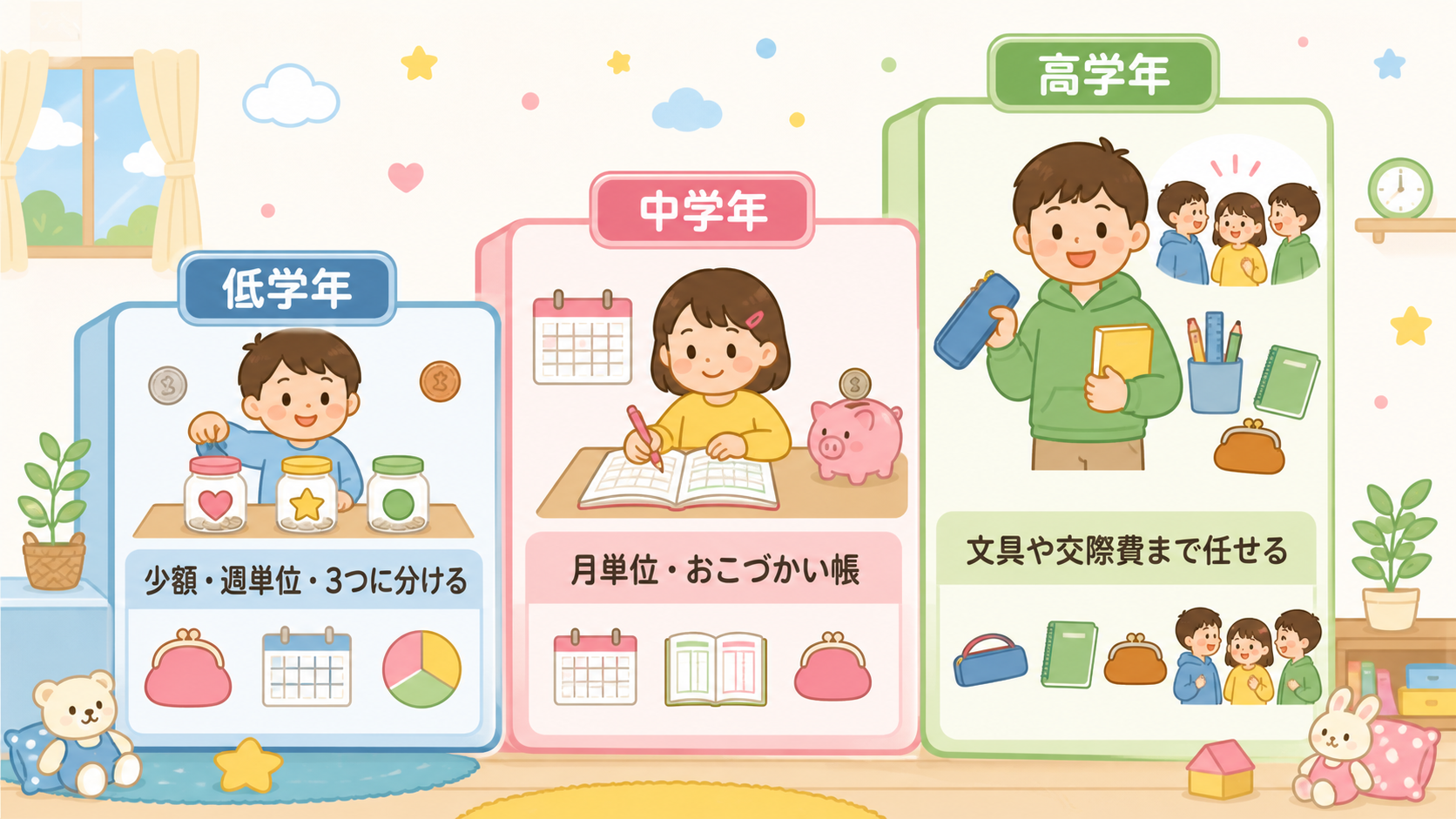 学年別のおこづかい設計を3段の階段図で示した図解。下段「低学年」中段「中学年」上段「高学年」のラベルを置き、各段に「少額・週単位・3つに分ける」「月単位・おこづ...