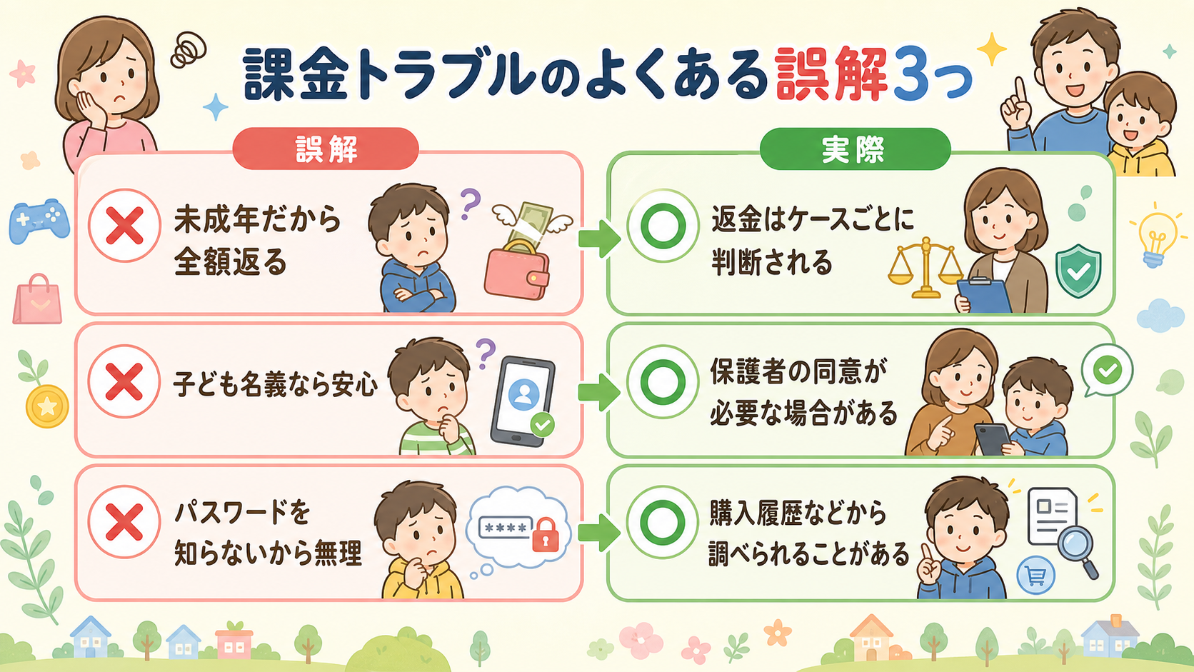 課金トラブルのよくある誤解3つを、左に赤い×印の「誤解」カード、右に緑の○印の「実際」カードで対比した2列レイアウト。「未成年だから全額返る」「子ども名義なら安...