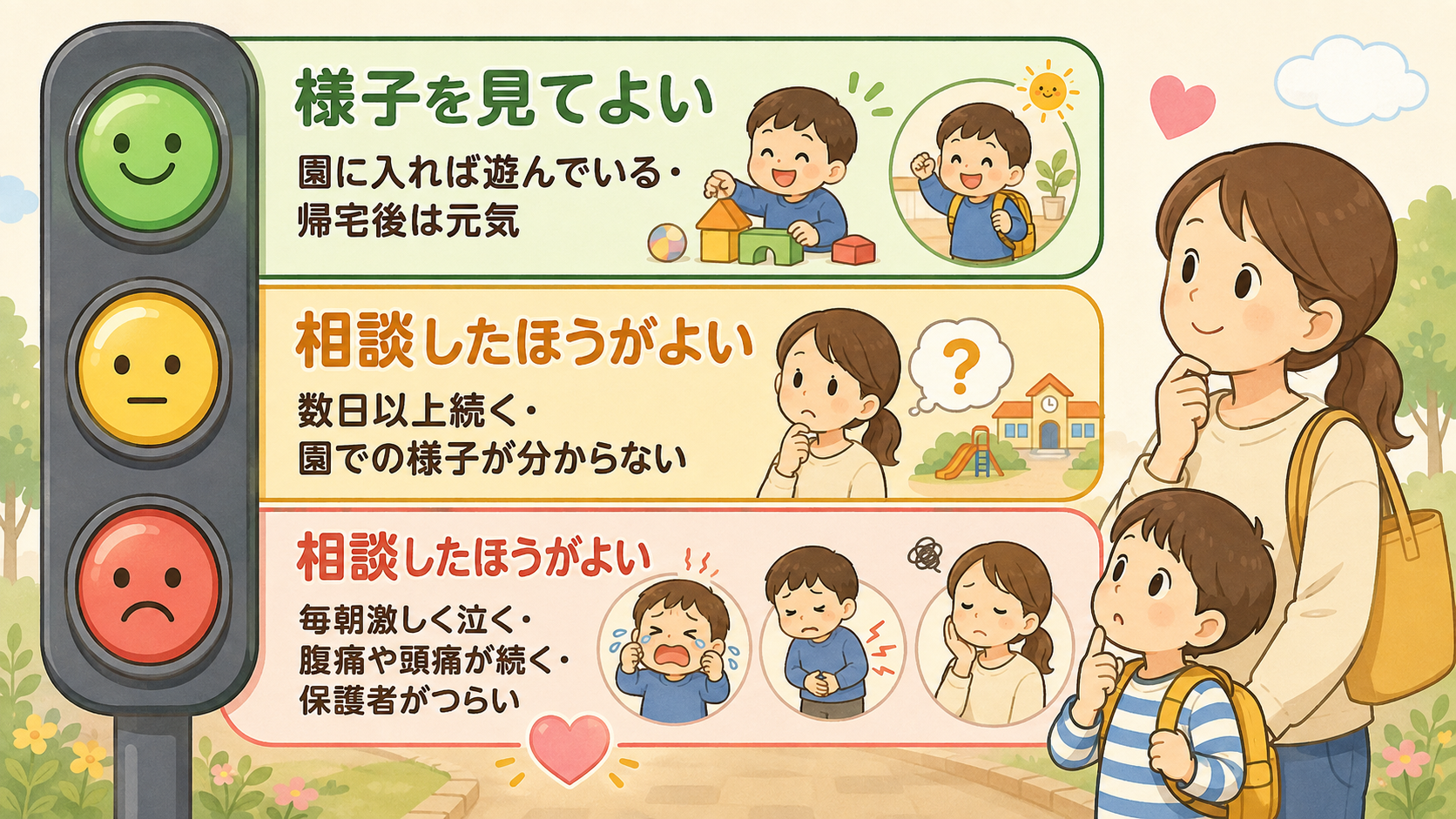 「様子を見てよい」と「相談したほうがよい」の分かれ目を信号機の3色で示した縦型の図。緑の段に「園に入れば遊んでいる・帰宅後は元気」、黄の段に「数日以上続く・園で...
