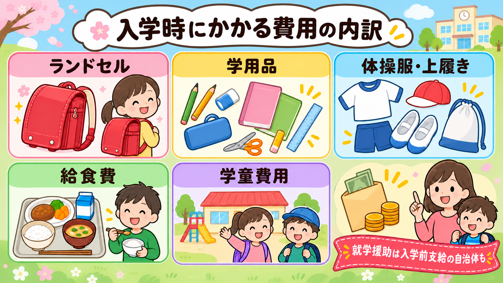 入学時にかかる費用の内訳を円グラフではなく5枚のカードで示した図解。「ランドセル」「学用品」「体操服・上履き」「給食費」「学童費用」のラベルを置き、右下に「就学...