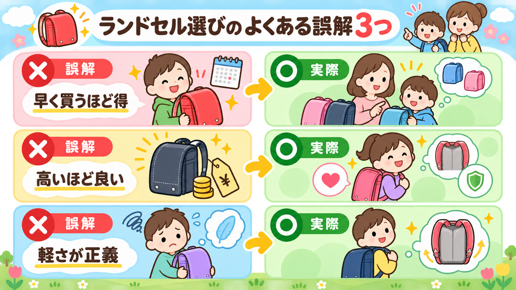 ランドセル選びのよくある誤解3つを、左に赤い×印の「誤解」カード、右に緑の○印の「実際」カードで対比した2列レイアウト。「早く買うほど得」「高いほど良い」「軽さ...