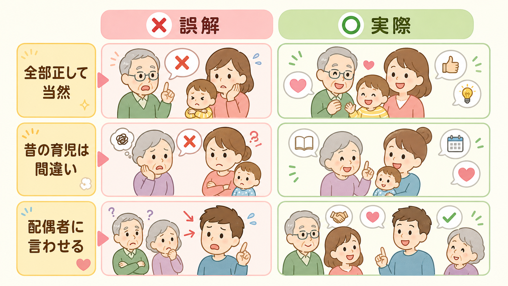 祖父母との関わりのよくある誤解3つを、左に赤い×印の「誤解」カード、右に緑の○印の「実際」カードで対比した2列レイアウト。「全部正して当然」「昔の育児は間違い」...