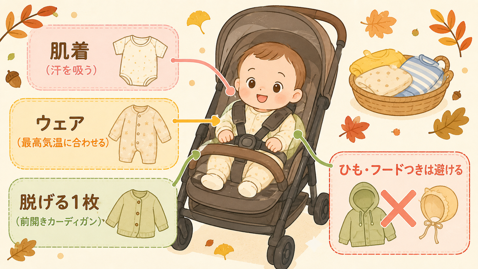 秋のお出かけ服の3層構造を示す組み立て図。中央にベビーカーに乗る赤ちゃんを描き、「肌着（汗を吸う）」「ウェア（最高気温に合わせる）」「脱げる1枚（前開きカーディ...