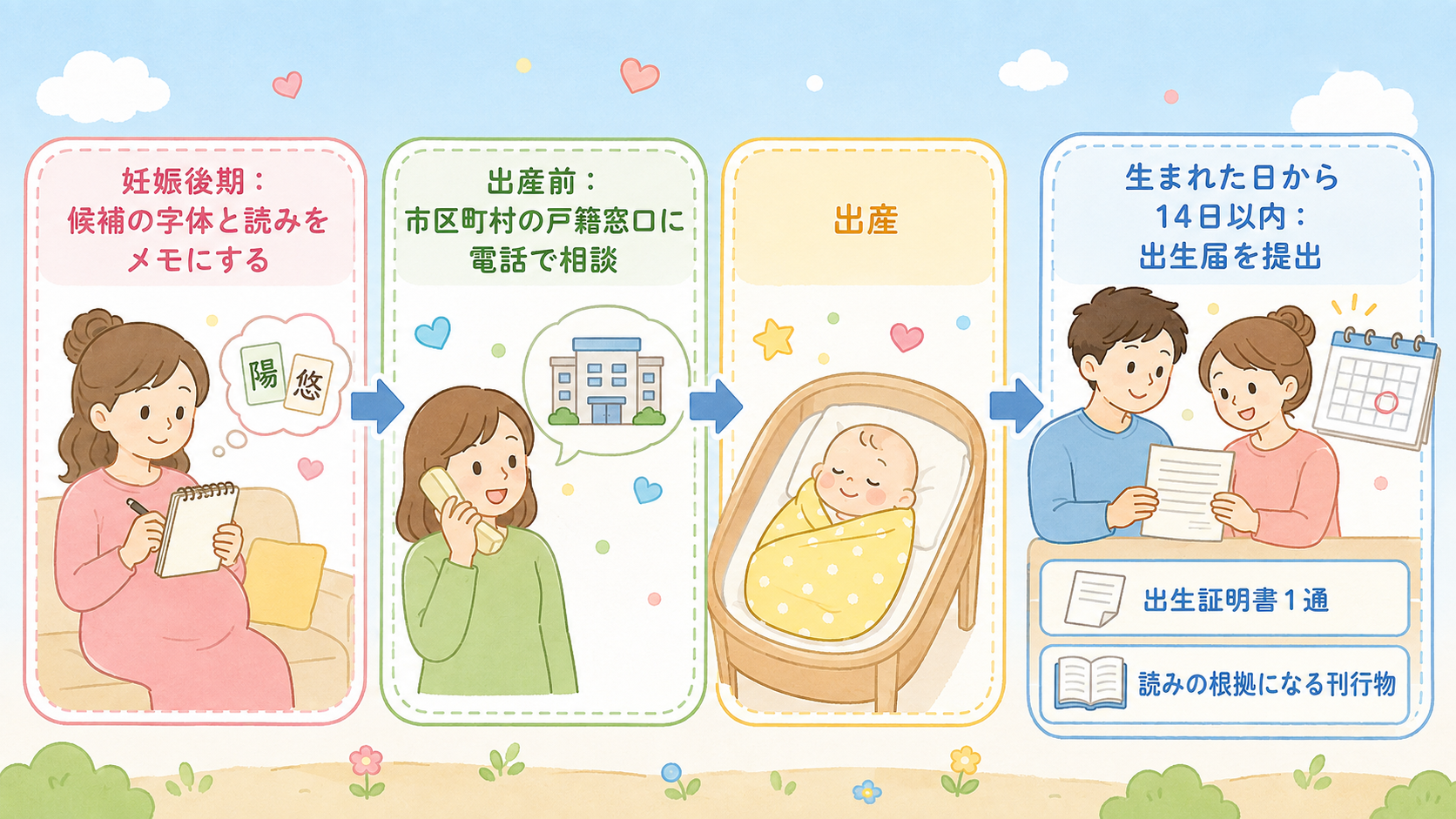 出生届までのスケジュールを示す横長タイムライン図。「妊娠後期:候補の字体と読みをメモにする」「出産前:市区町村の戸籍窓口に電話で相談」「出産」「生まれた日から1...