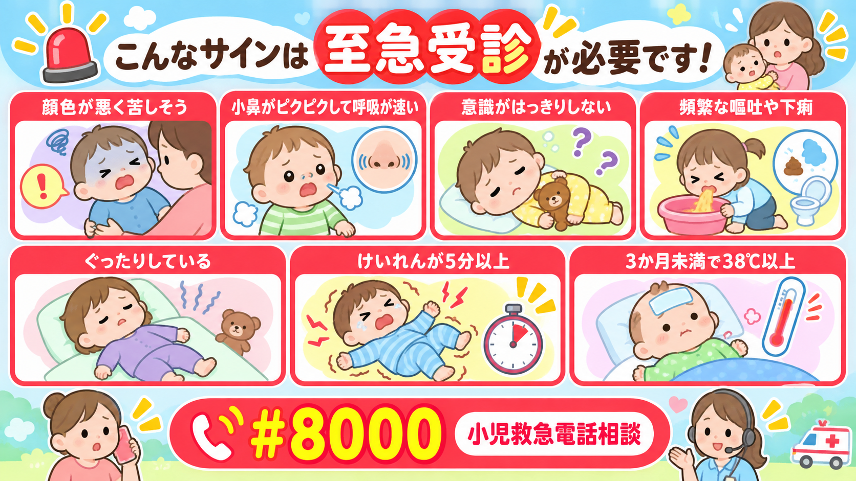 至急受診が必要なサインを赤枠で7項目並べた注意喚起の図解。「顔色が悪く苦しそう」「小鼻がピクピクして呼吸が速い」「意識がはっきりしない」「頻繁な嘔吐や下痢」「ぐ...