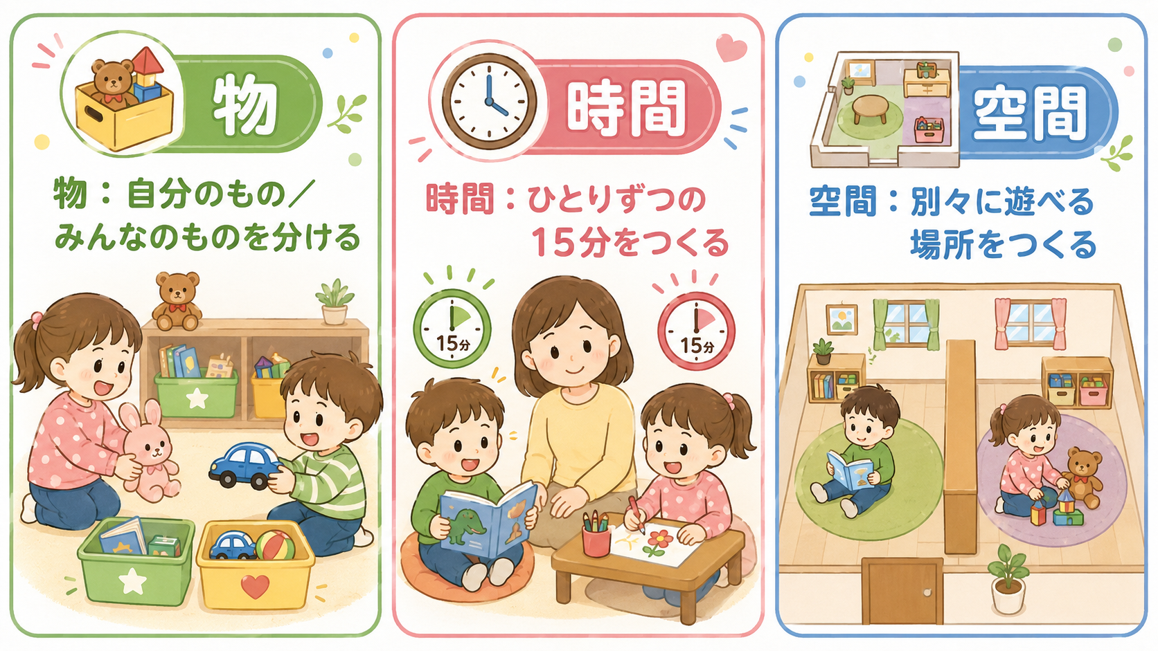 きょうだいげんかを減らす環境の工夫を「物」「時間」「空間」の3つに分けた図解。「物：自分のもの／みんなのものを分ける」「時間：ひとりずつの15分をつくる」「空間...