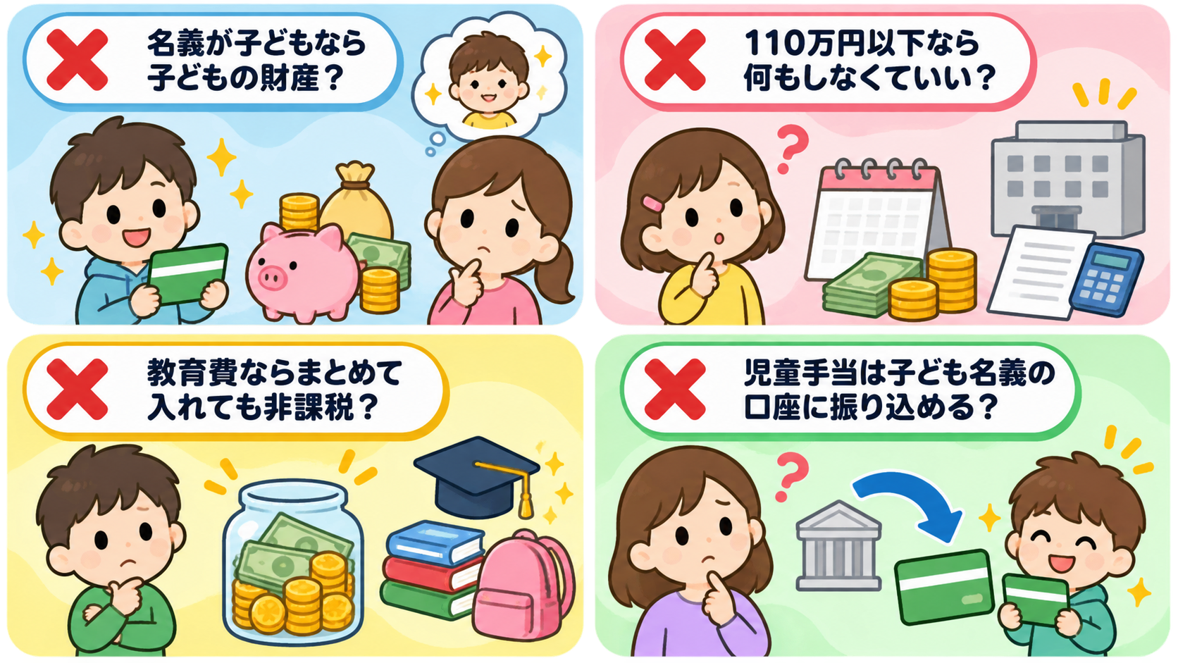 子ども名義の口座についてのよくある誤解4つを×マーク付きで並べた図解。「名義が子どもなら子どもの財産？」「110万円以下なら何もしなくていい？」「教育費ならまと...
