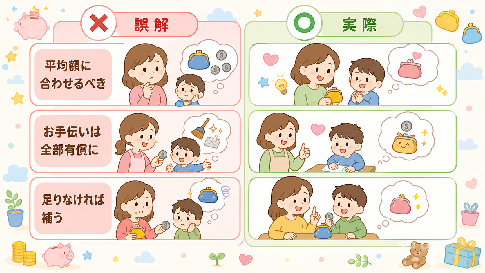 おこづかいのよくある誤解3つを、左に赤い×印の「誤解」カード、右に緑の○印の「実際」カードで対比した2列レイアウト。「平均額に合わせるべき」「お手伝いは全部有償...