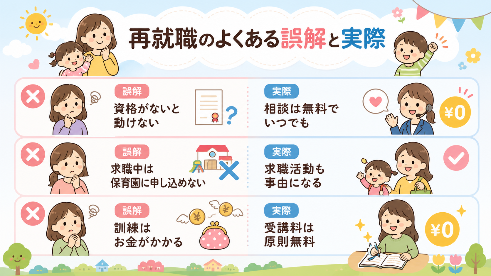 再就職のよくある誤解と実際の対比表。「誤解」列に「資格がないと動けない」「求職中は保育園に申し込めない」「訓練はお金がかかる」の3行、「実際」列に「相談は無料で...