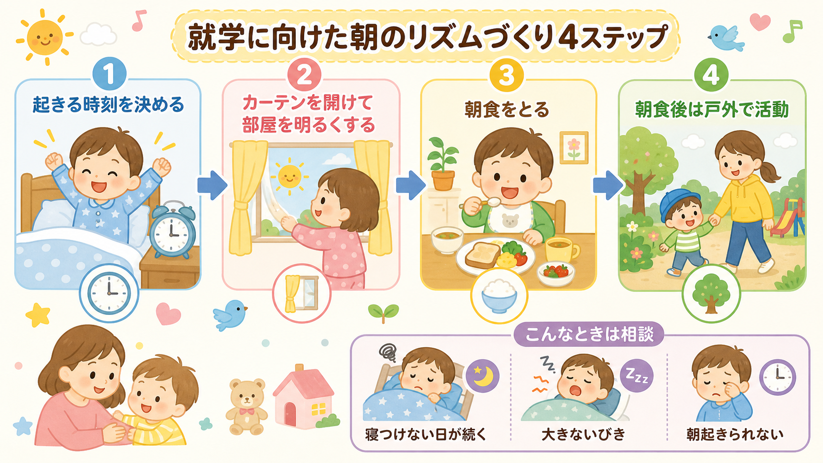 就学に向けた朝のリズムづくり4ステップのフロー図解。「起きる時刻を決める」→「カーテンを開けて部屋を明るくする」→「朝食をとる」→「朝食後は戸外で活動」の矢印付...