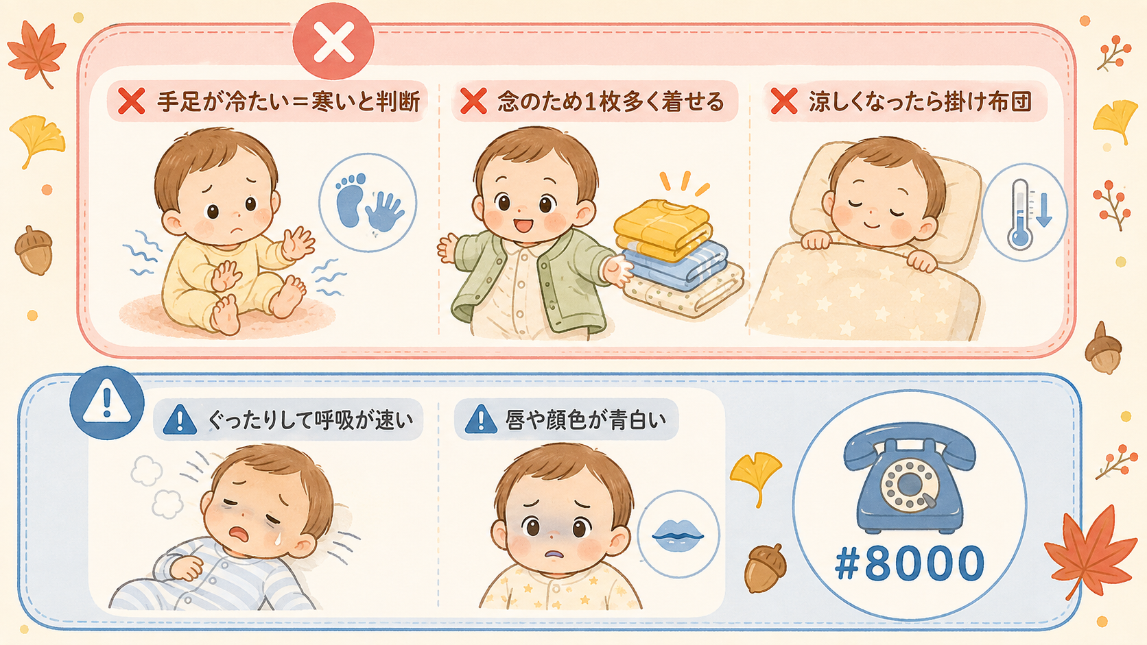 やりがちな3つのngと相談の目安を示す2段構成の図。上段に「手足が冷たい＝寒いと判断」「念のため1枚多く着せる」「涼しくなったら掛け布団」の×印3つ、下段に「ぐ...